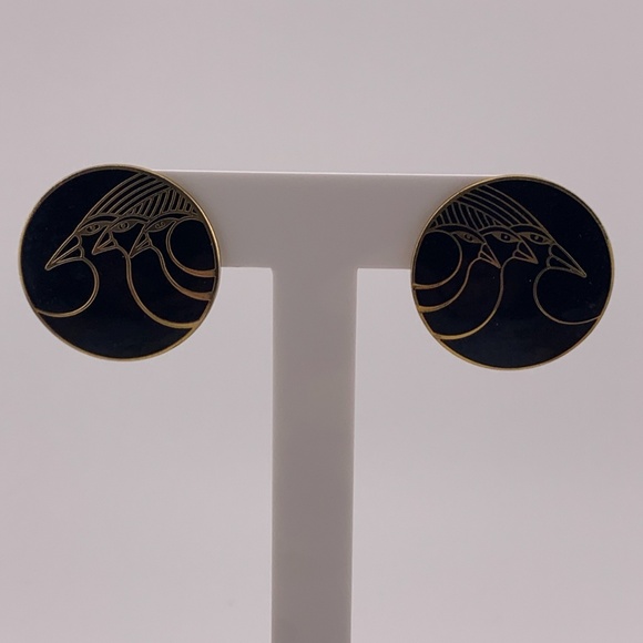 Signed Laurel Burch Gold Tone Black Enamel "Celestial Birds" Pierced Earrings 1" - Picture 4 of 4